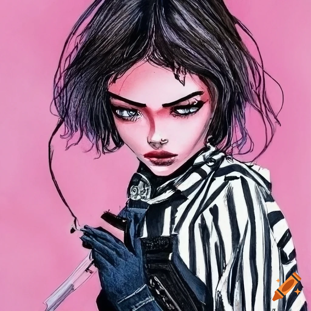 Illustration of a cyberpunk girl with black denim overalls and striped shirt on Craiyon