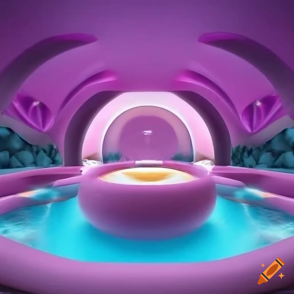 3D rendered surreal spa interior with waterfalls and curvy forms