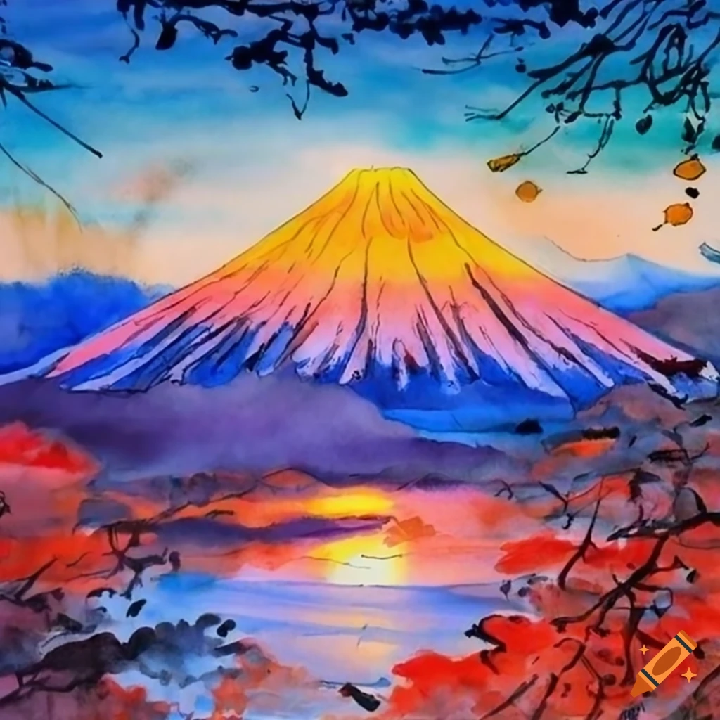 ink and watercolor painting of Mount Fuji at sunrise
