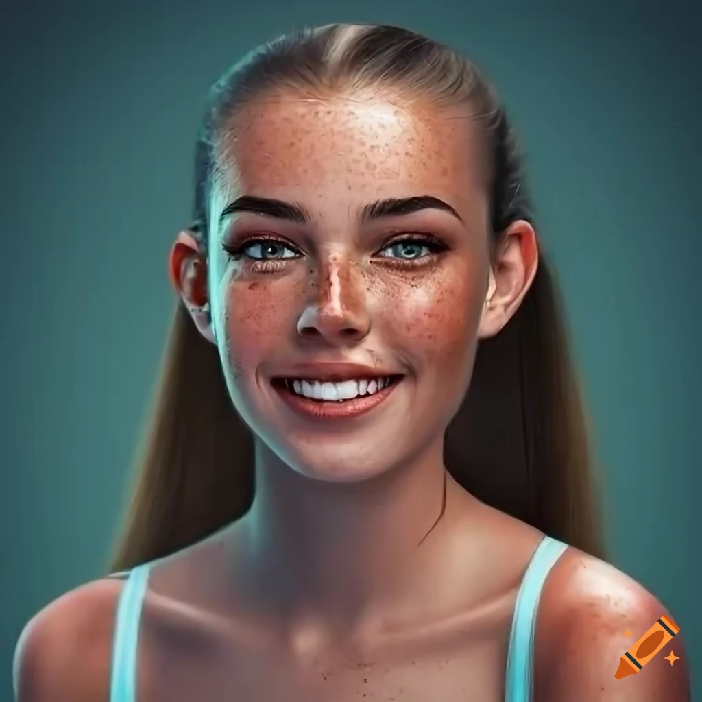 Portrait of a beautiful young woman with freckles and brown hair on Craiyon