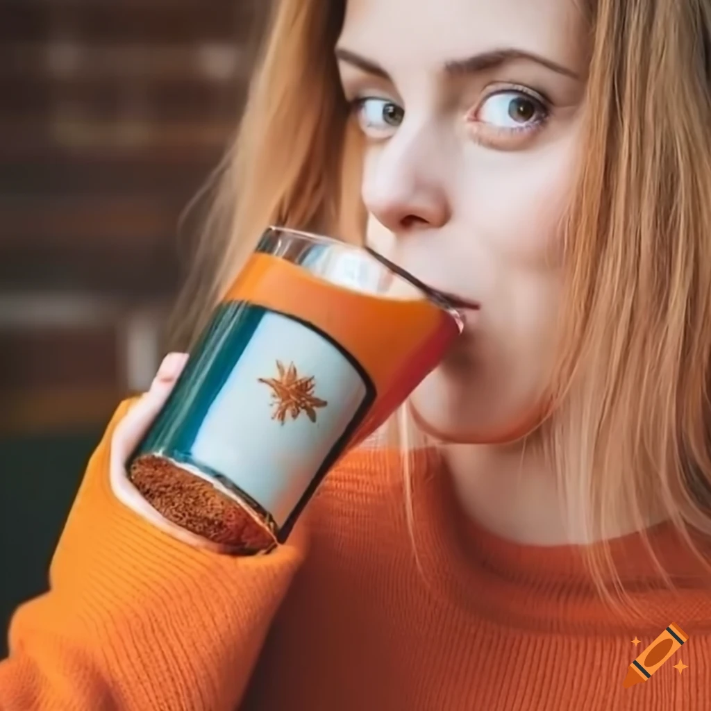 Portrait of a woman enjoying a pumpkin spice beverage on Craiyon