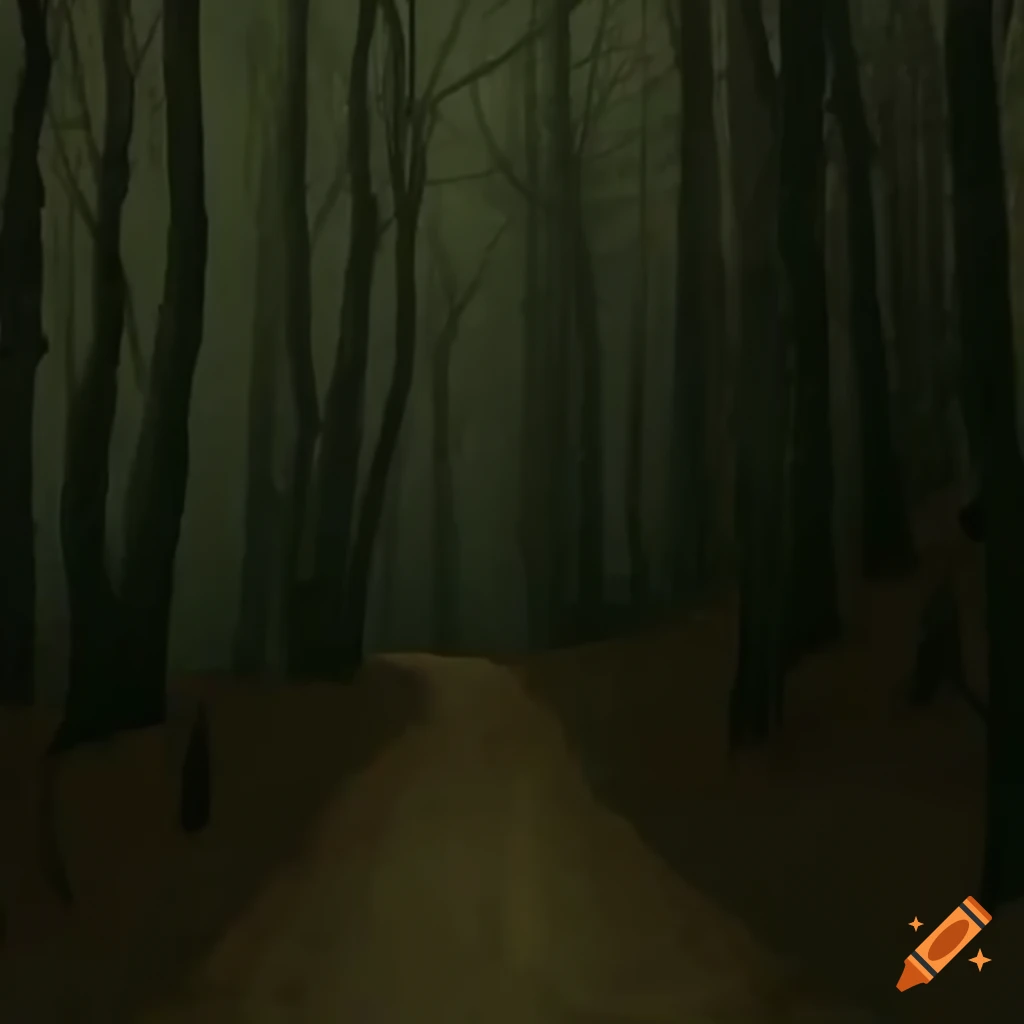 image of an eerie forest with mysterious pathway and orange lights