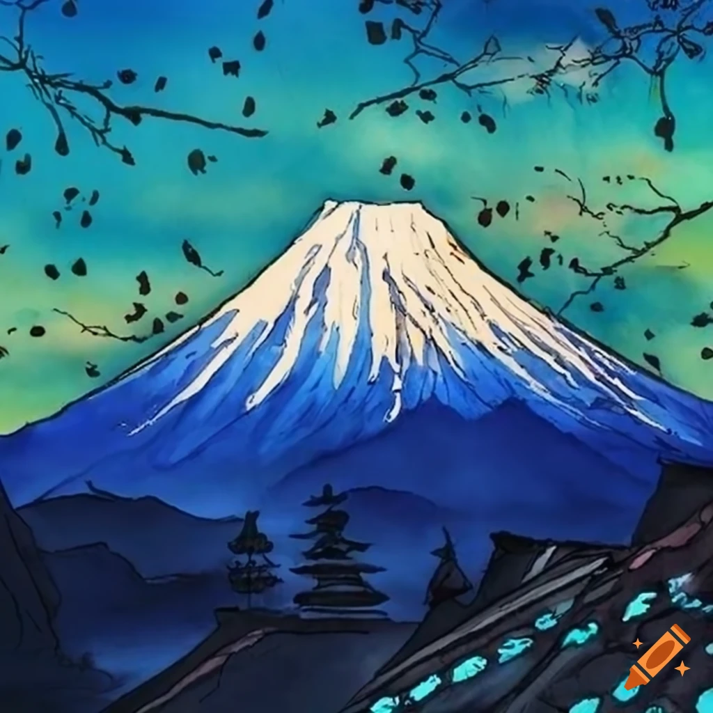 ink and watercolor painting of Mount Fuji in Japan