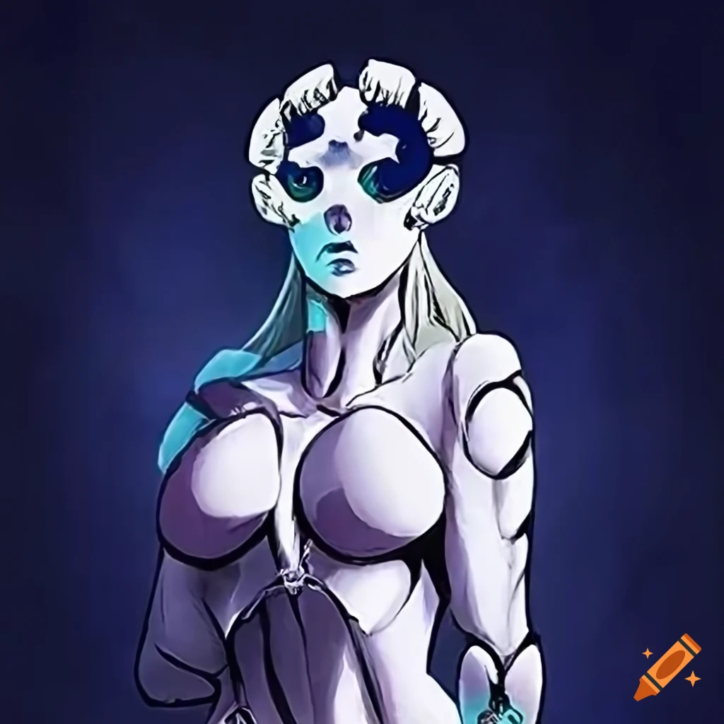 Comic-book style depiction of a jojo stand with white armor and golden  crescents