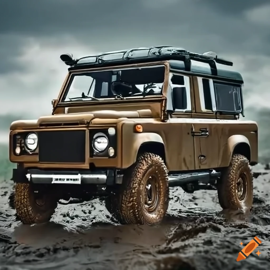 Land rover defender 110 car in mud with off-road accessories on
