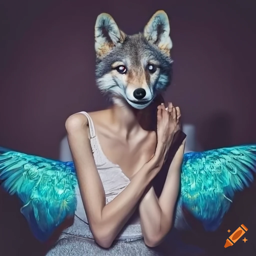 grey fox/wolf with blue teal wings and purple eyes