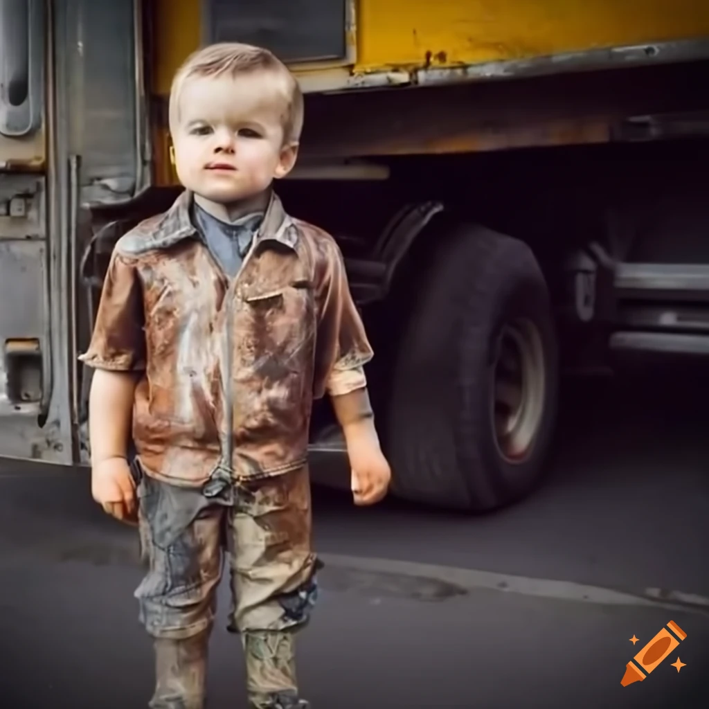 toddler boy in a truck depot