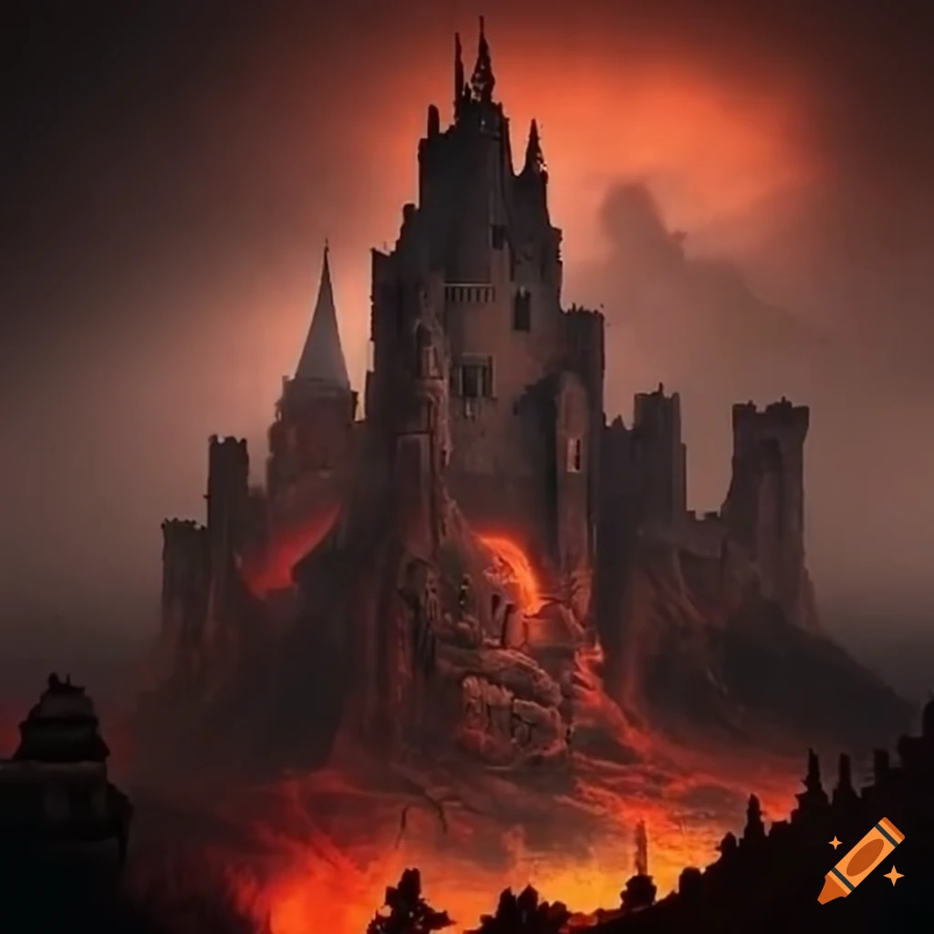 Image of a dark castle in a hellish landscape