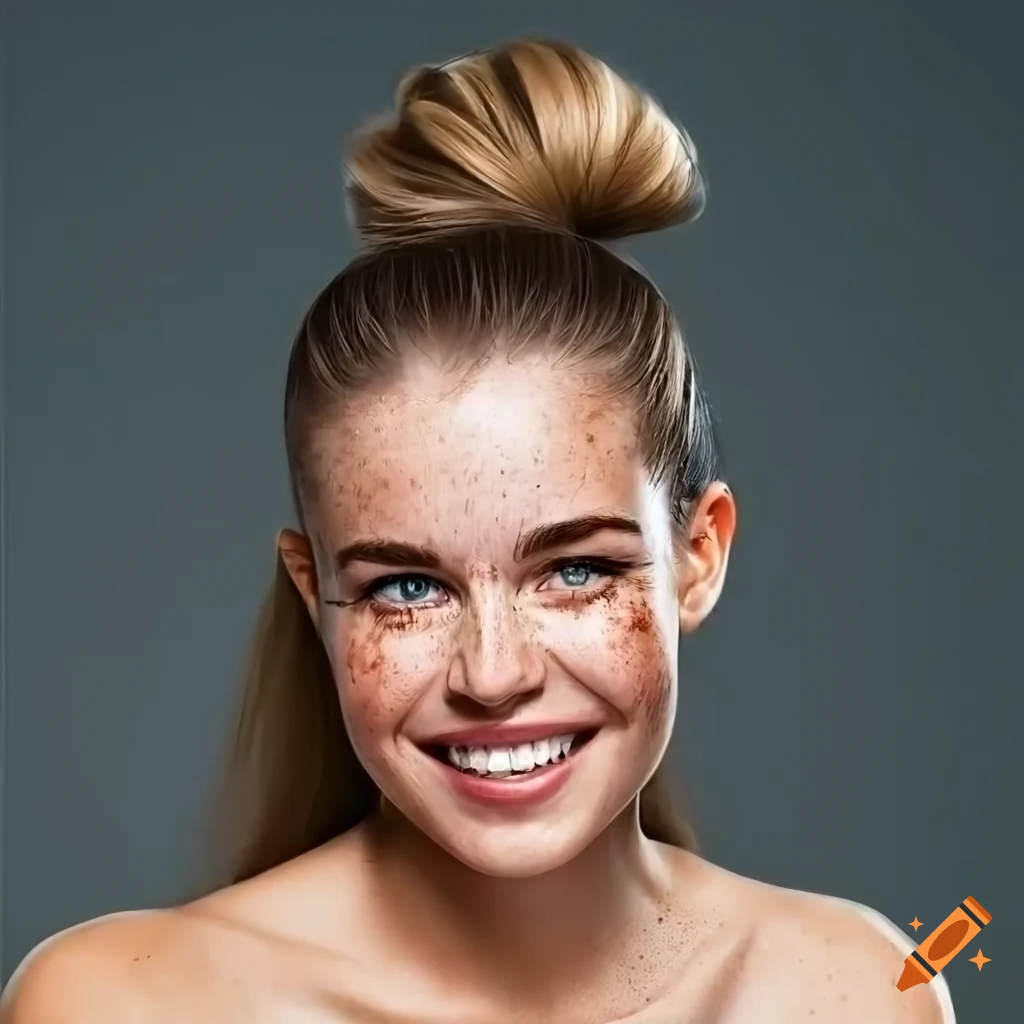 Portrait of a beautiful young woman with freckles and brown hair on Craiyon