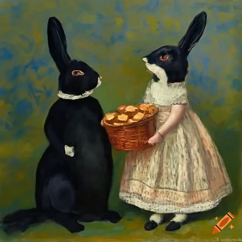 Monet Rabbit Monet painting of two rabbits with a basket of biscuits on Craiyon