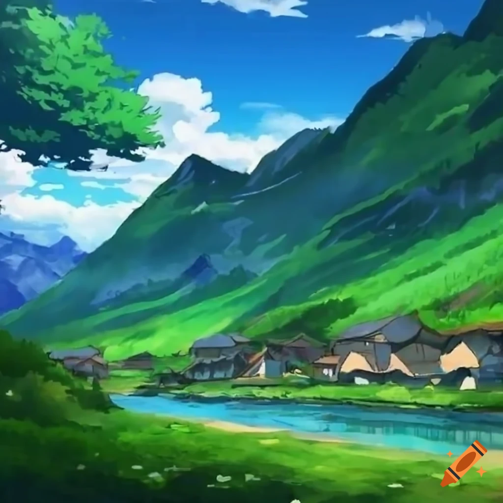 Premium Photo | Anime scenery of a mountain village with a pagoda and a  mountain in the background generative ai