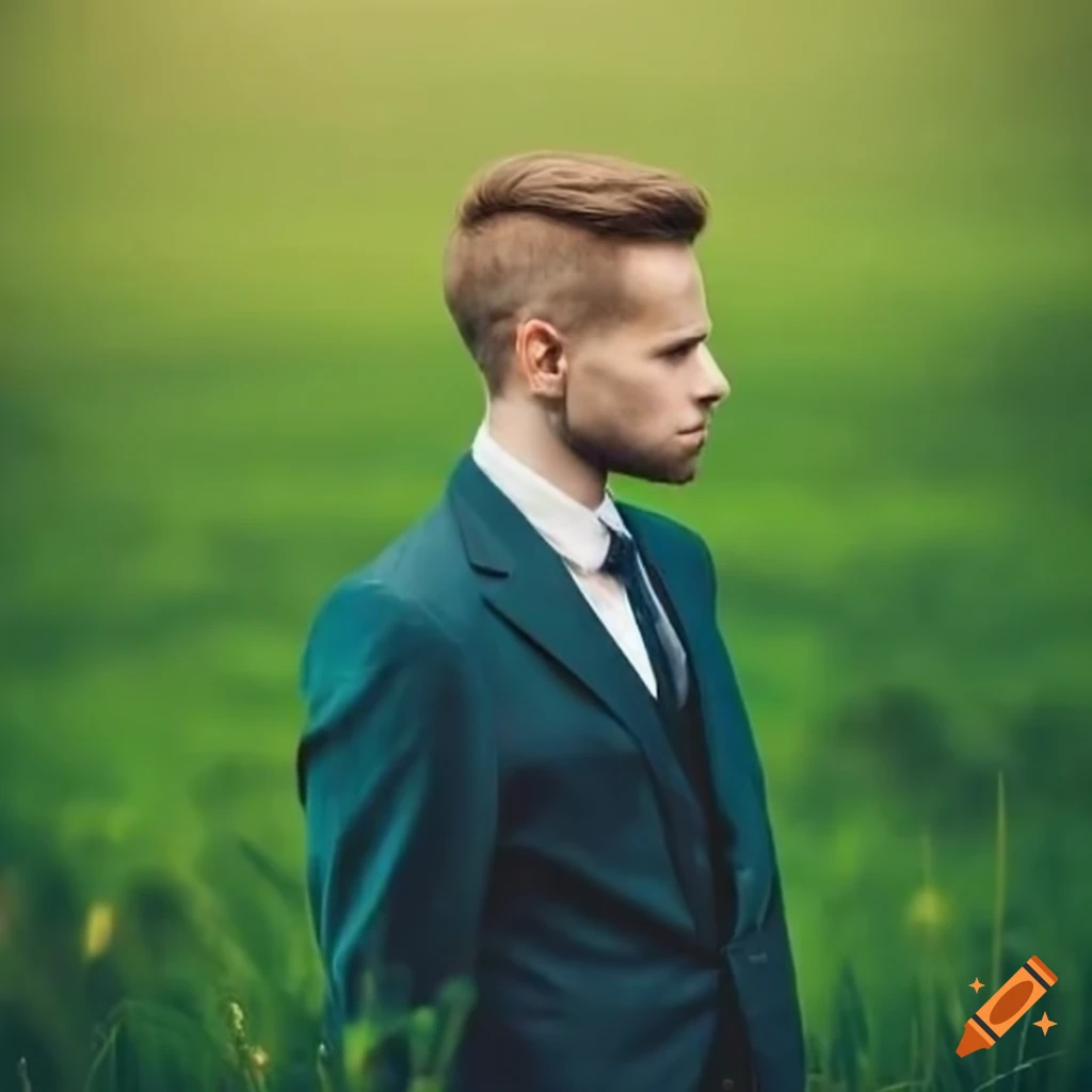 man in a suit standing in a green field