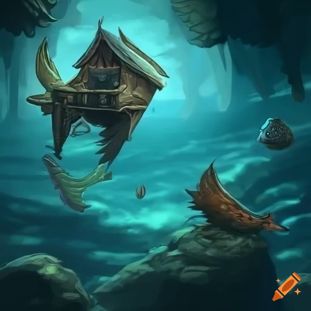 Image of a dnd flying fish shop in the plane of water on Craiyon