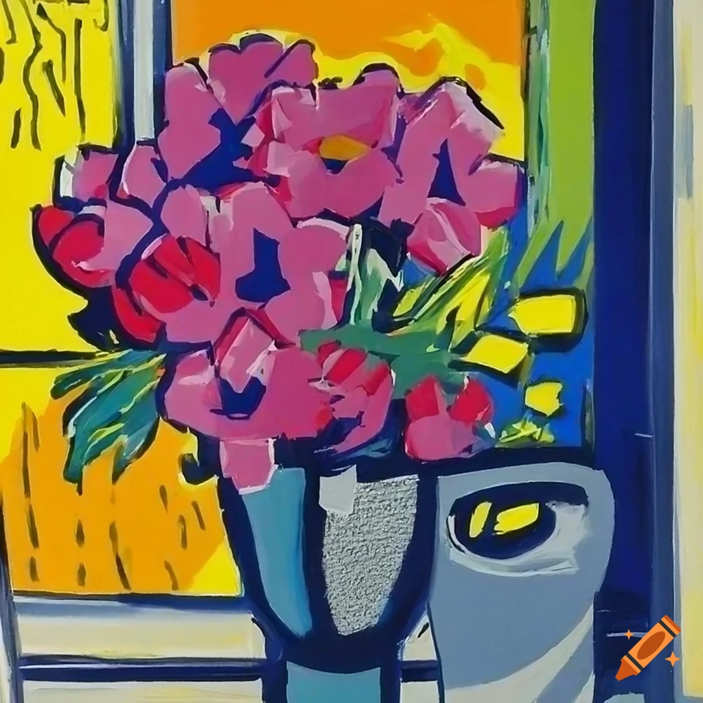 Artistic view from a window with flowers and busy street on craiyon