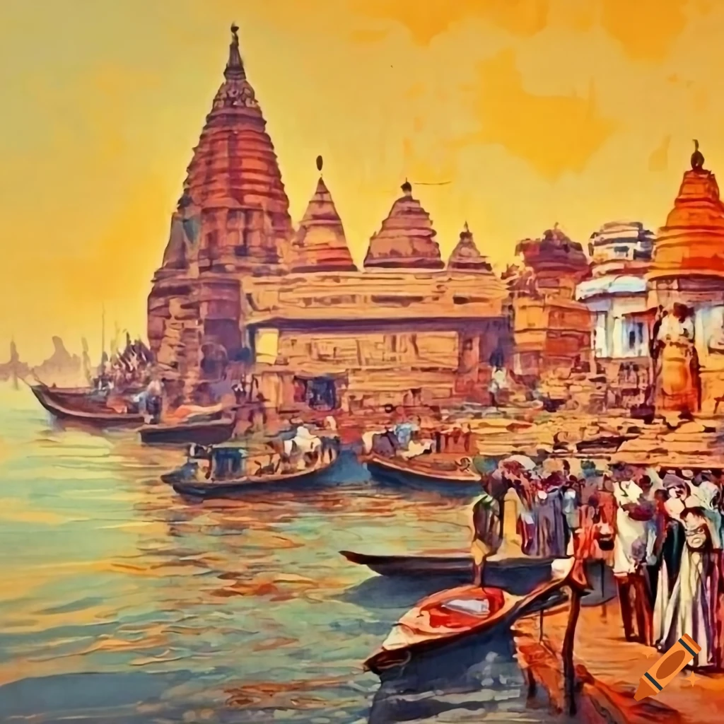 Vibrant vintage painting of foreign traders and travelers in varanasi