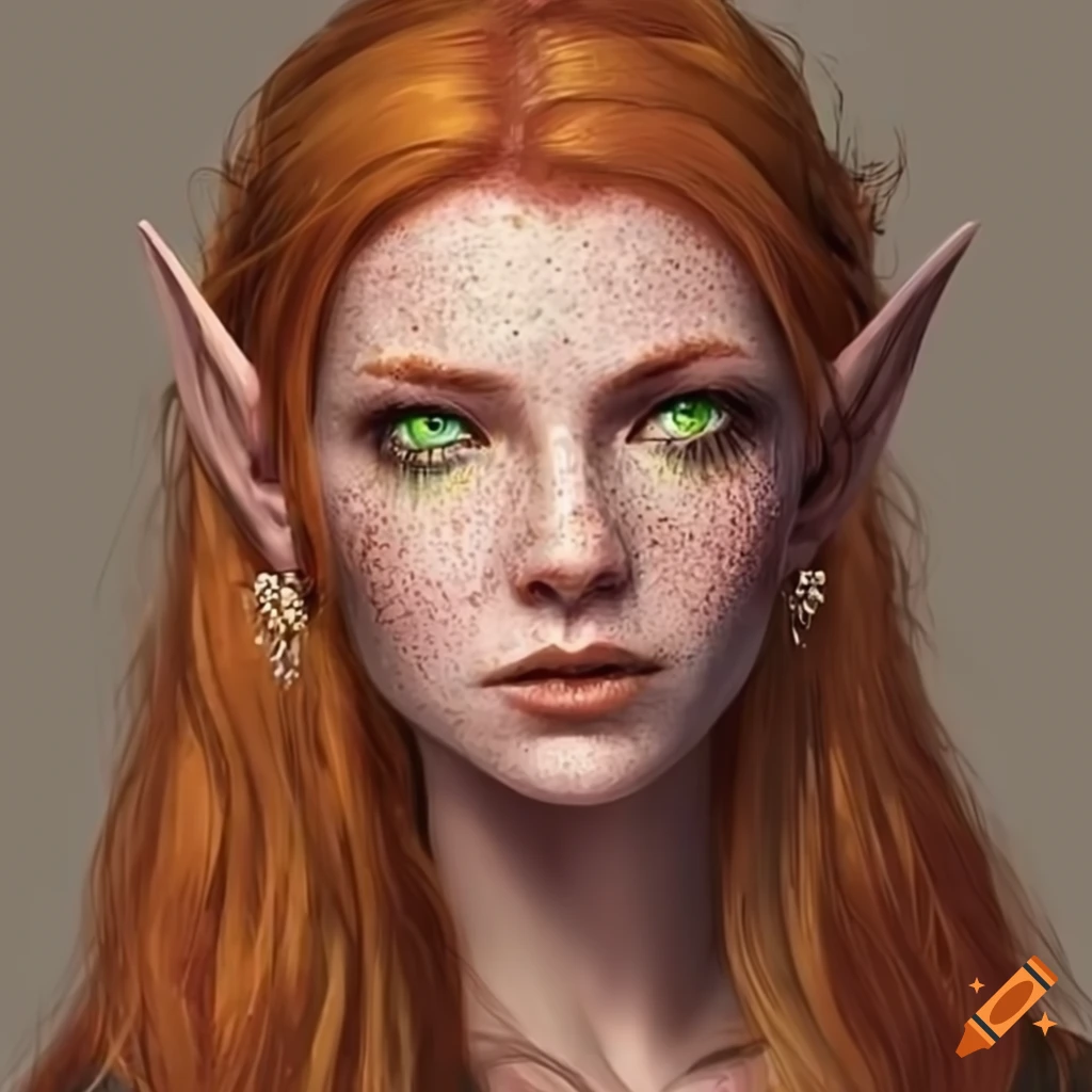 Portrait of a beautiful elven woman with auburn hair and green eyes
