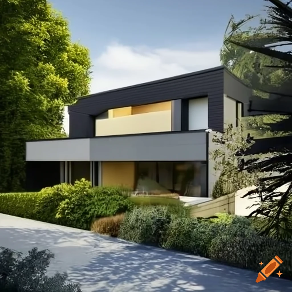 image of a modern house with a beautiful garden and an aluminum gate