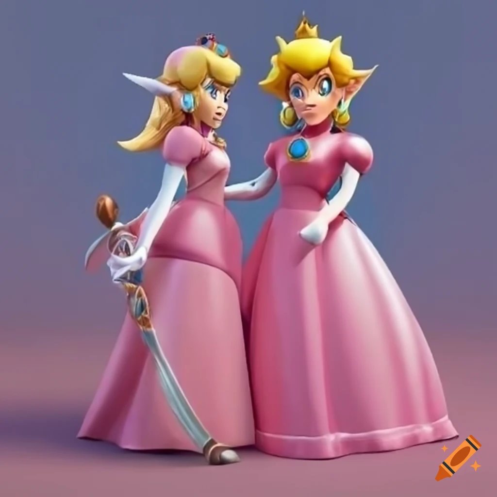 Princess peach and link in pink silk ballgowns posing together on Craiyon