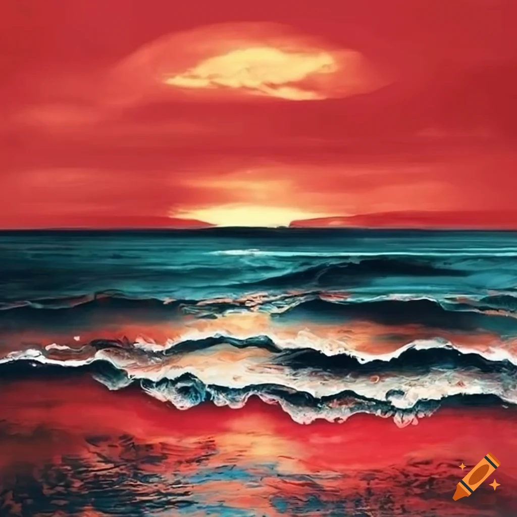 red sunset over the sea painting