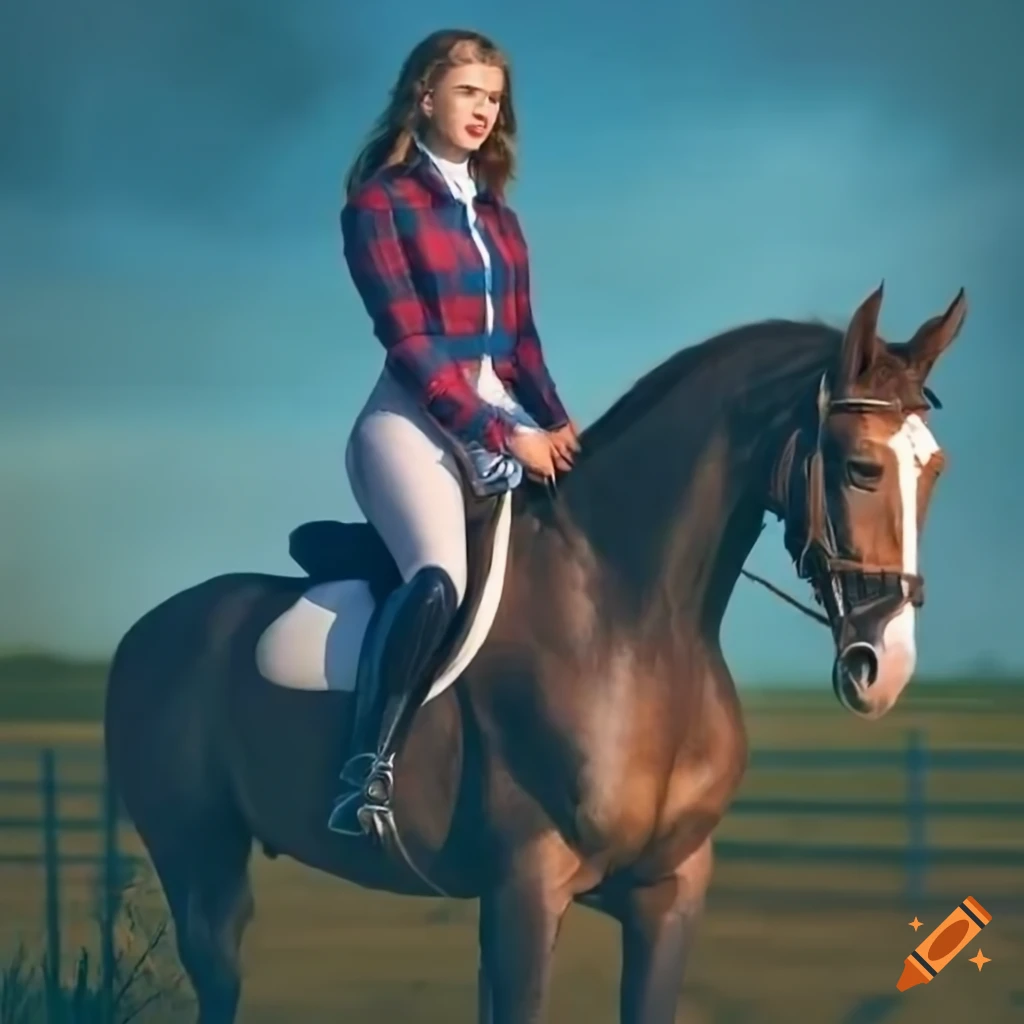 close-up photograph of a horse rider in blue plaid shirt and black leather trousers