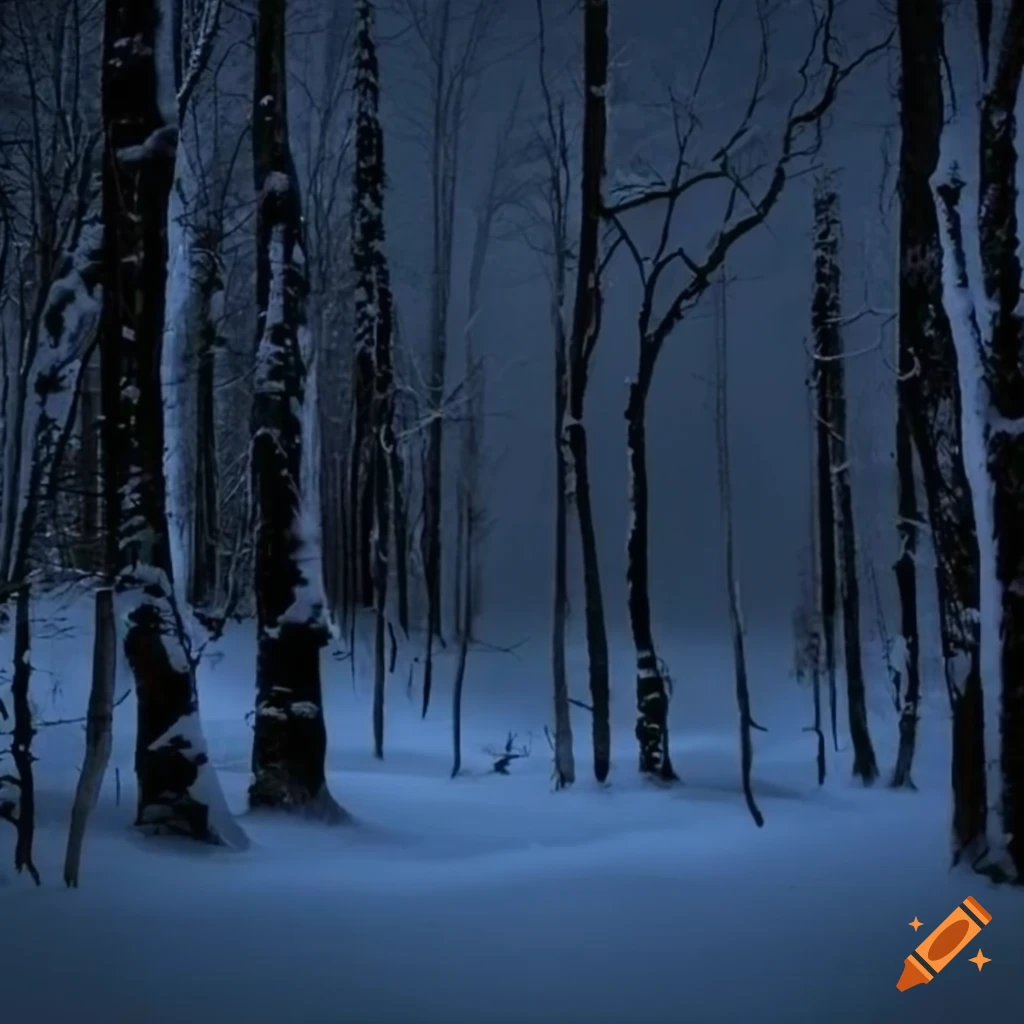 Eery snowy forest at night