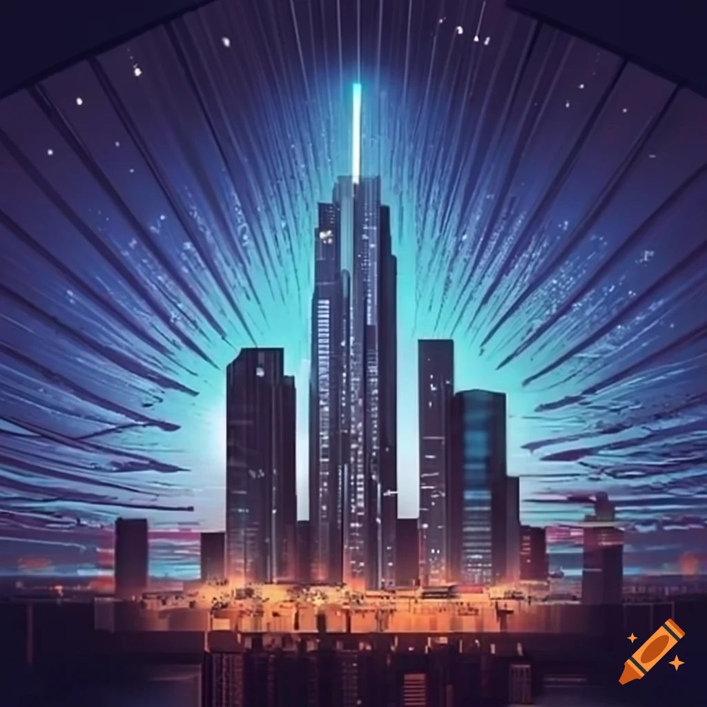 Futuristic cityscape with skyscrapers and dazzling lights on Craiyon