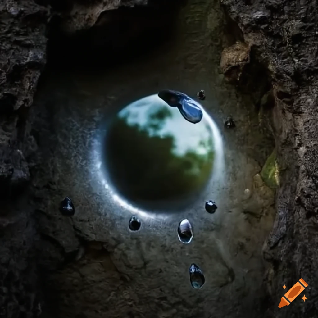 Closeup of water droplet falling into a stone hole on Craiyon