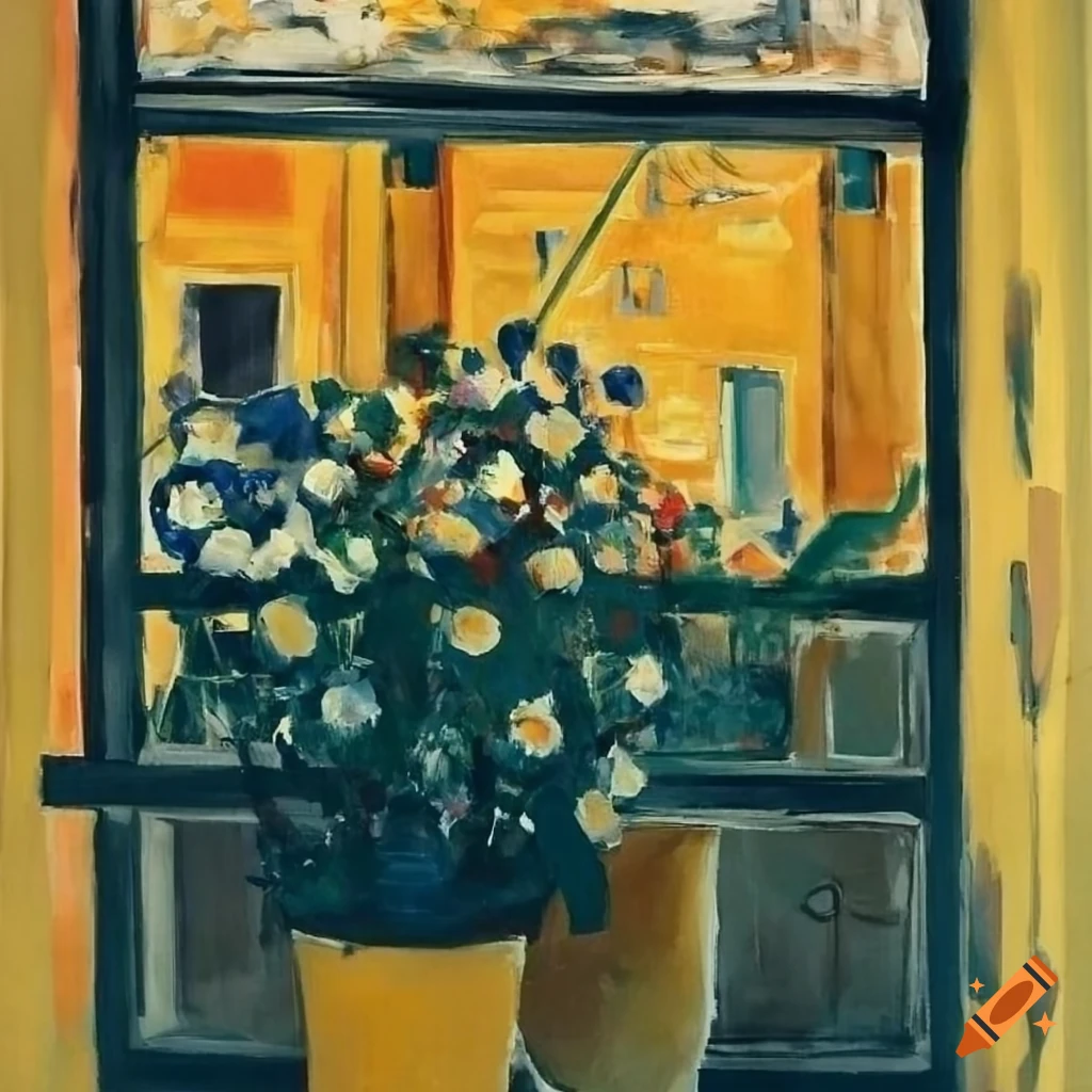 artistic view of a window with flowers and busy street in the background