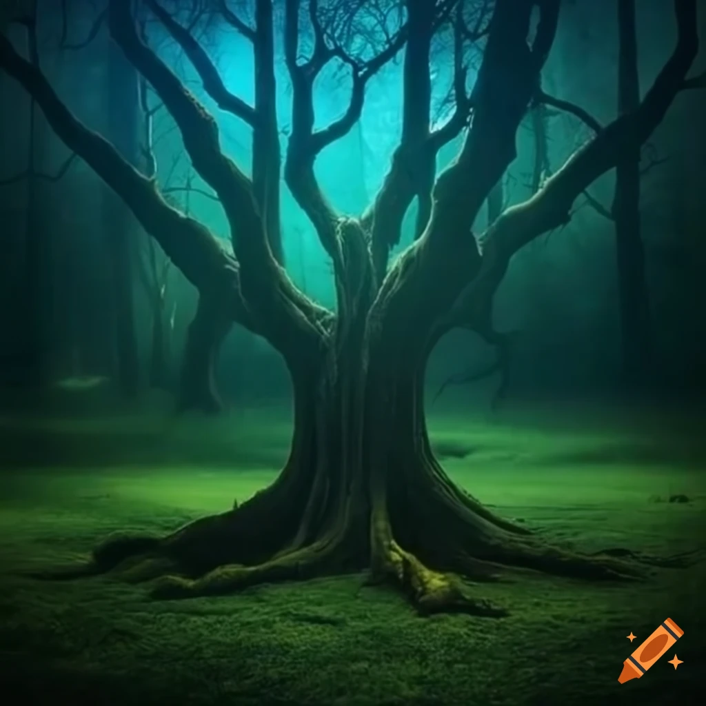 photo of a majestic oak tree in an enchanted forest at night