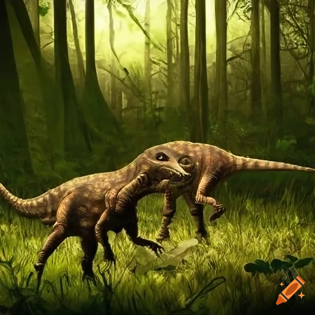 Three young dinosaurs run from a large herbivore in a forest