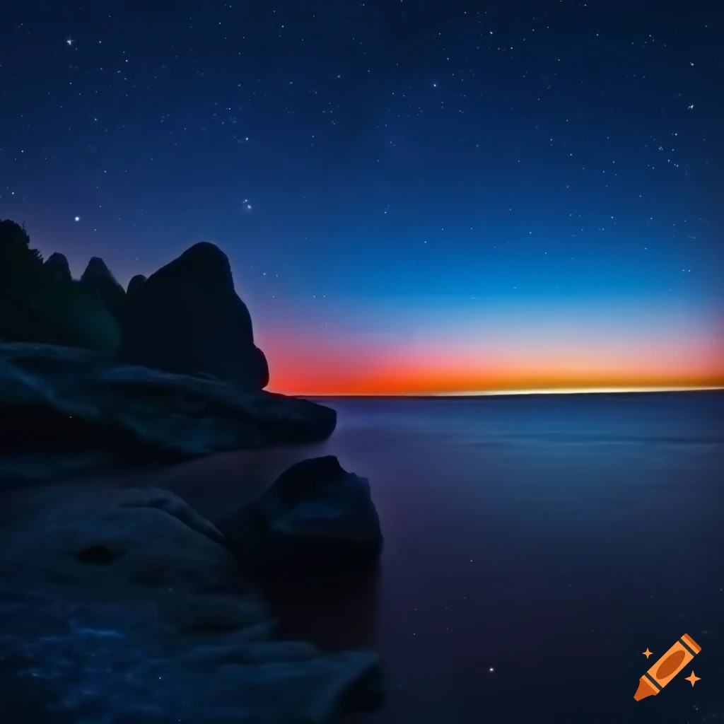 sunset overlooking water and rocks surrounded by flowers under a starry sky