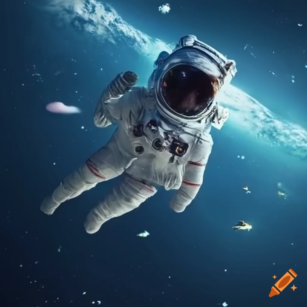 astronaut floating in space with a passing UFO