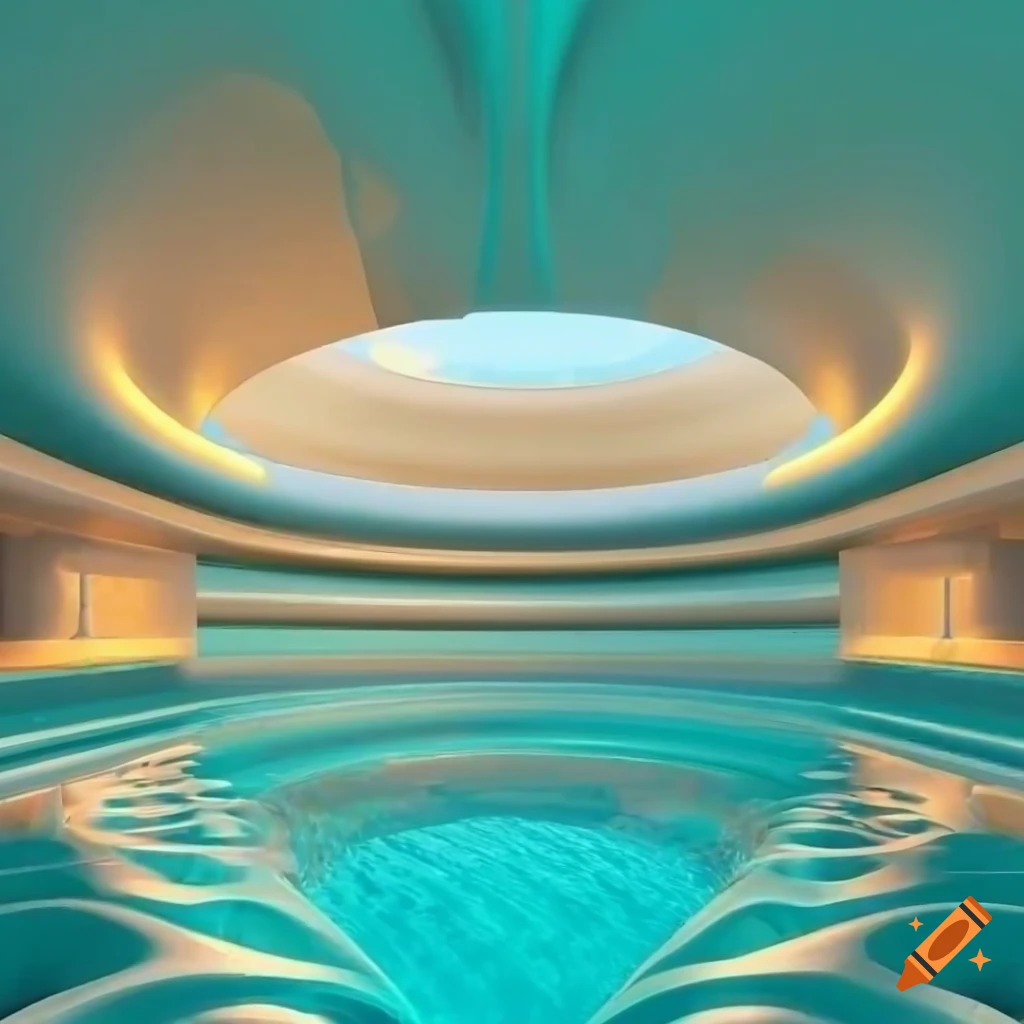 3D rendered architecture spa interior with pools and fountains