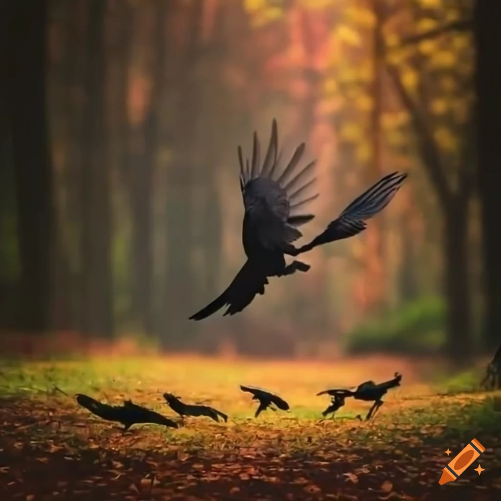 Crows landing in a forest with a gathering of other crows on Craiyon