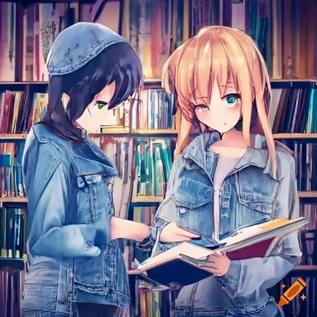 anime girls discussing science books at a rainy bookstore