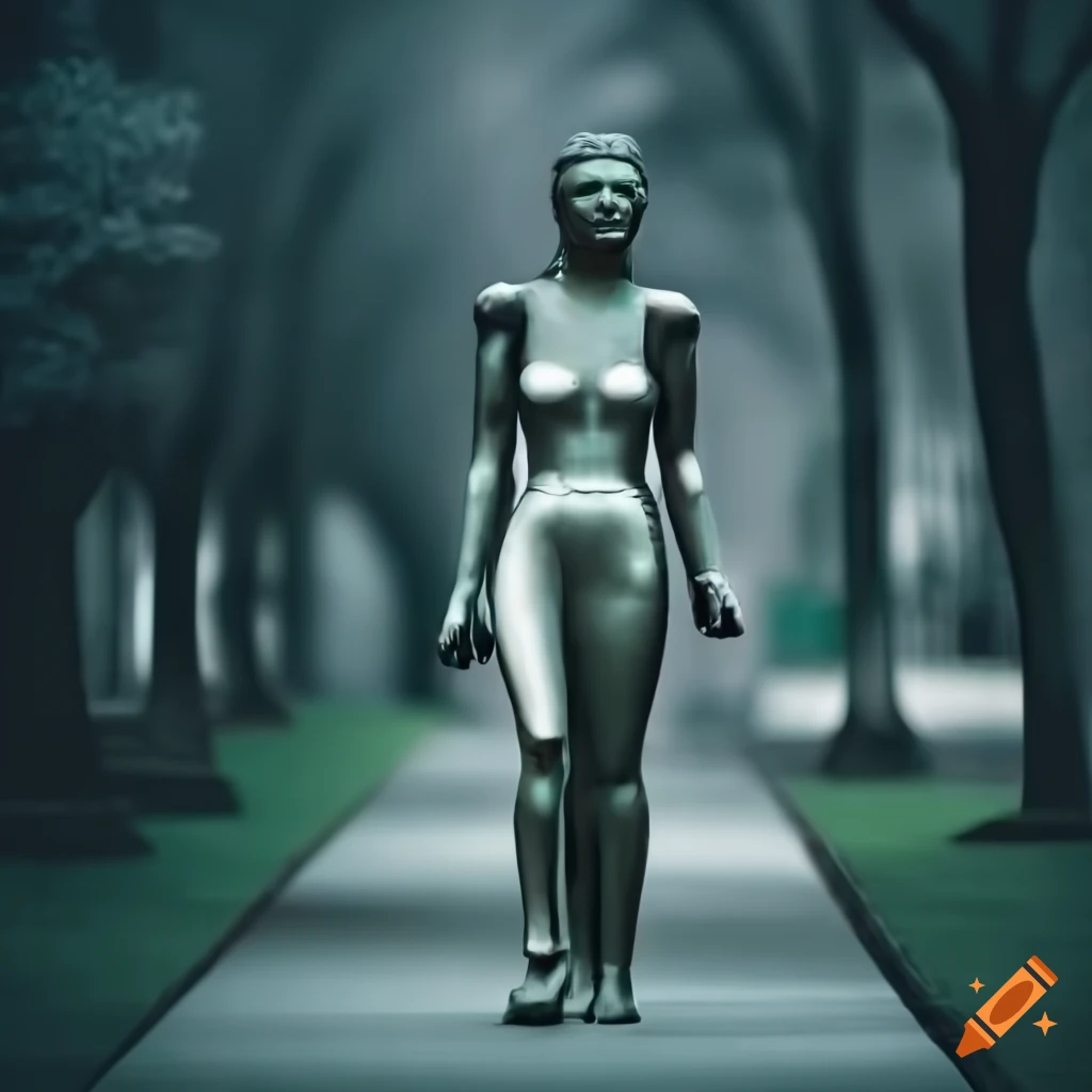 cubist sculpture of a woman walking in the park