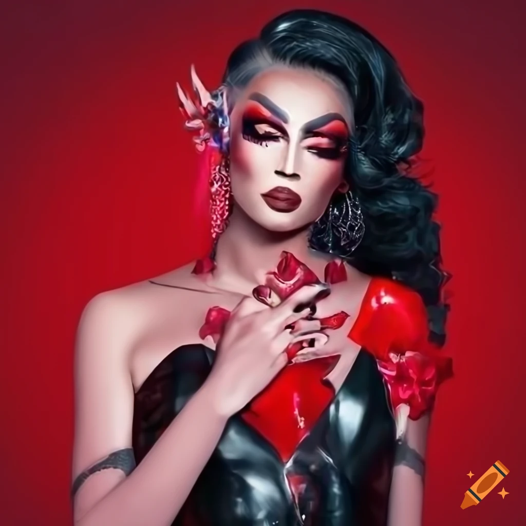 drag queen in a red and pink latex dominatrix inspired dress and makeup
