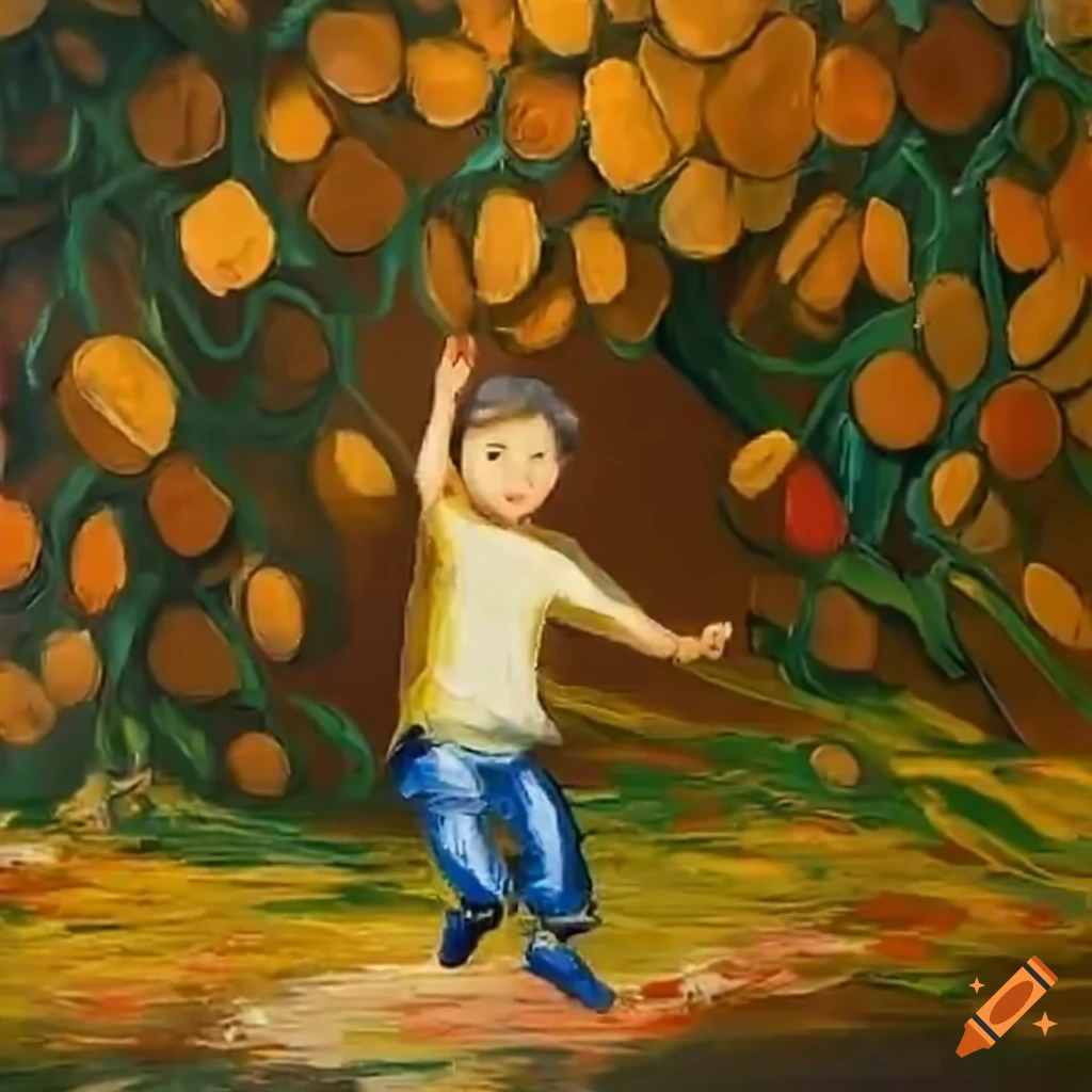 Japanese animation of a boy climbing a walnut tree