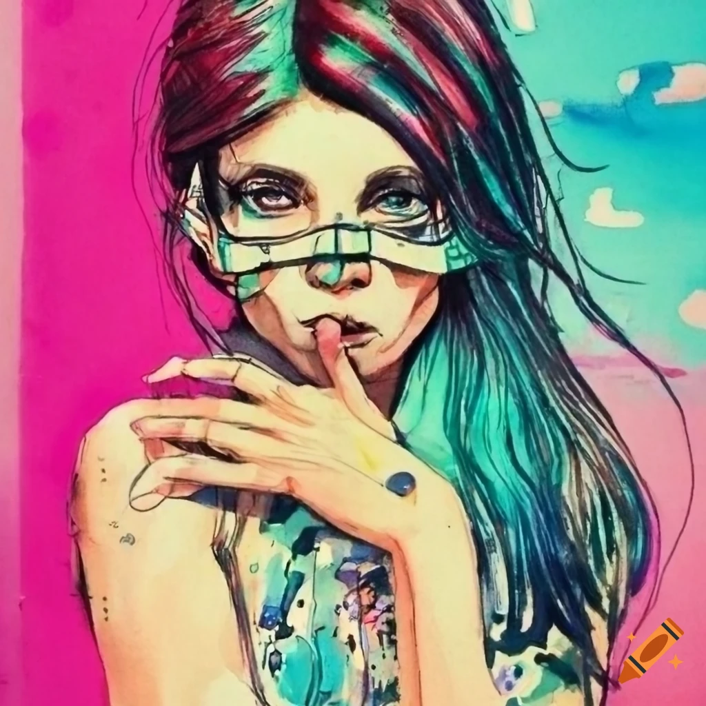 Illustration of a cyberpunk girl in ink and watercolor on Craiyon