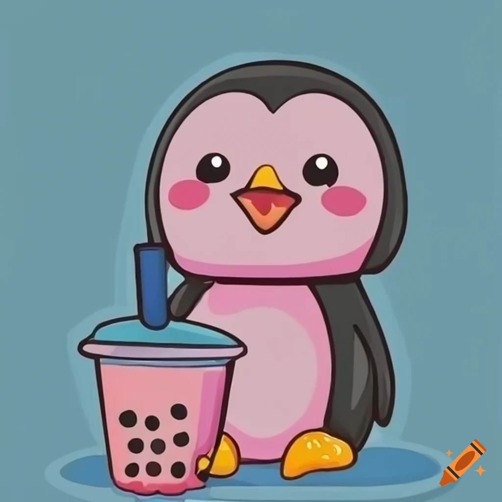 Pink penguin enjoying a boba milk tea by the lake