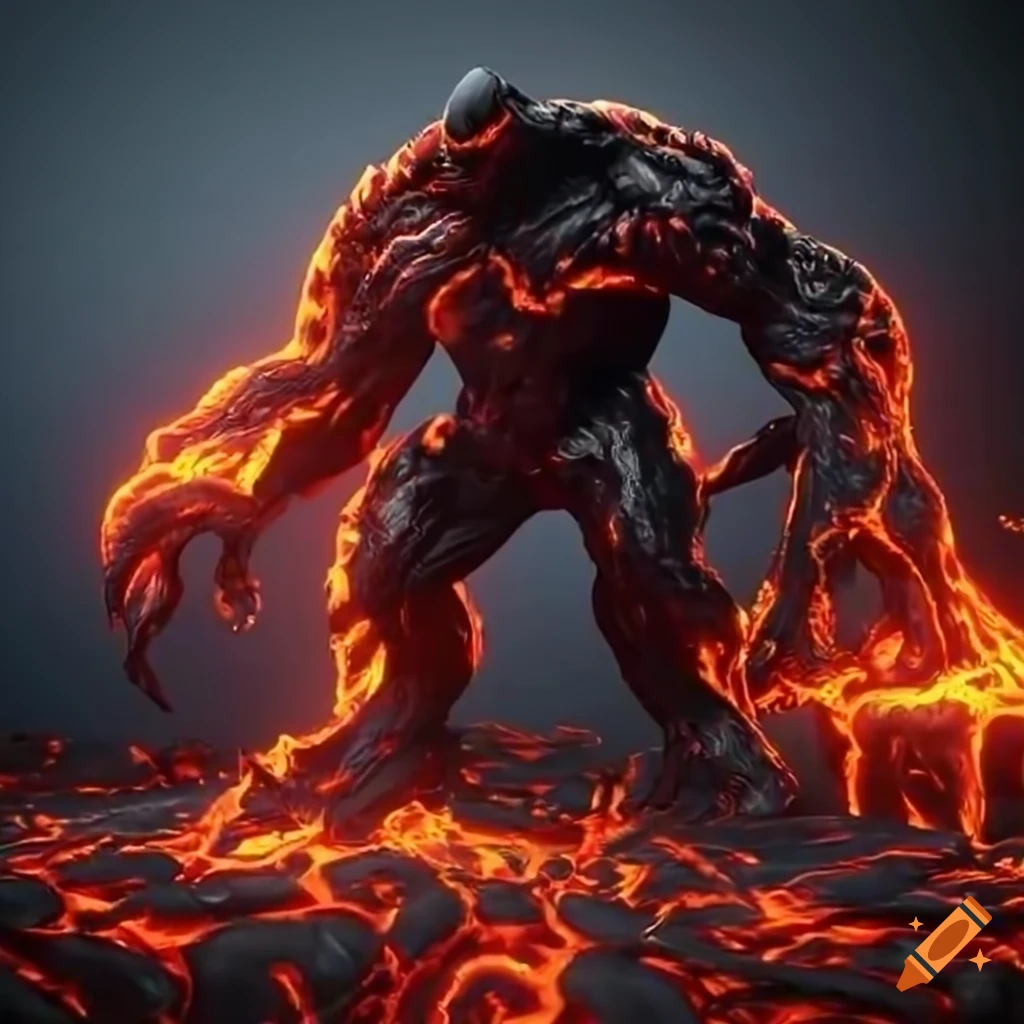 concept art of a fiery Venom hybrid with blazing eyes
