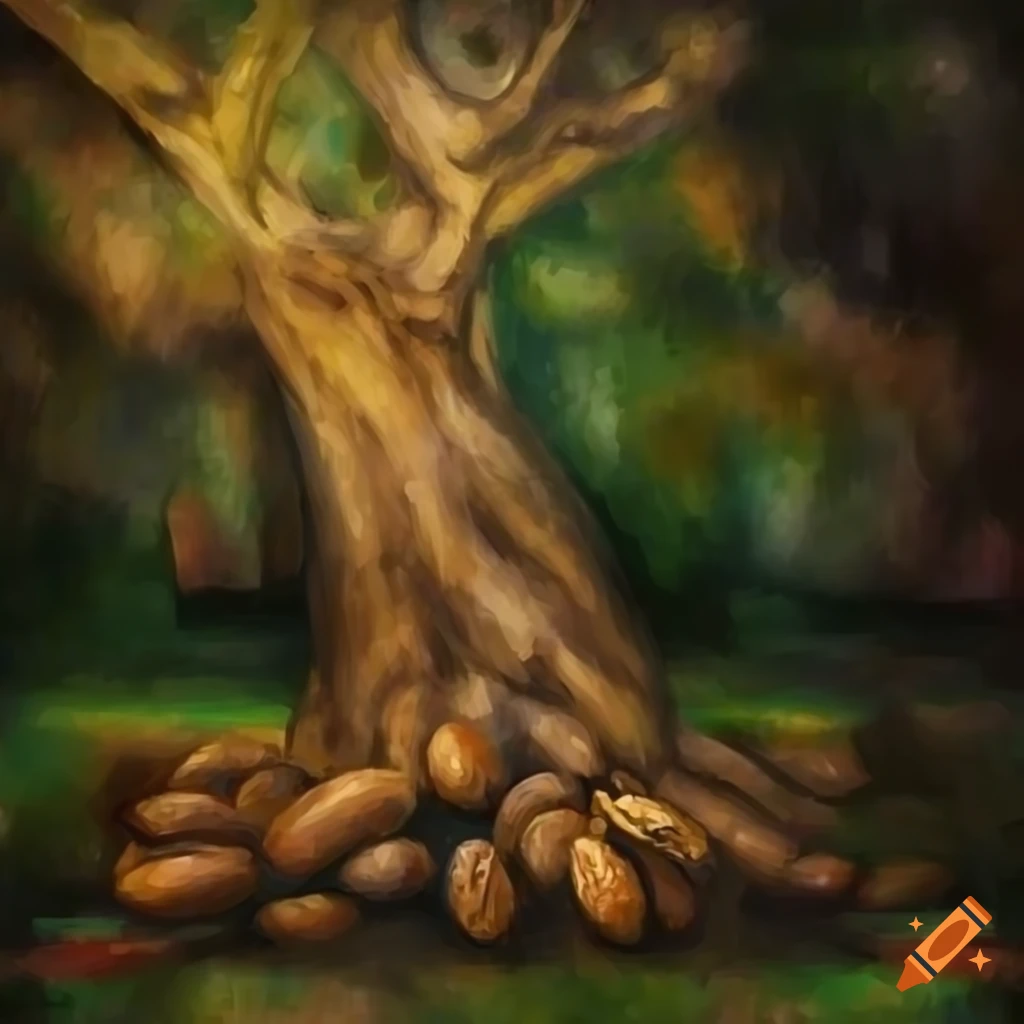 Painting of an ash tree with nuts in an enchanted forest on Craiyon
