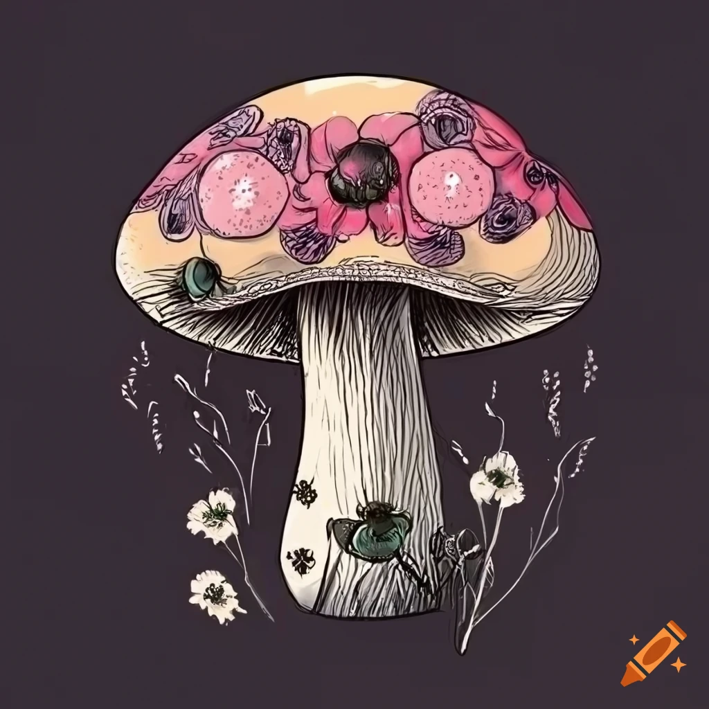 illustration of Floral Gothic mushrooms with bumble bees