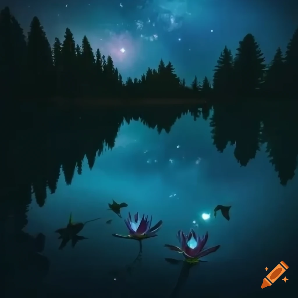 Night sky reflecting on a dark lake with water lilies