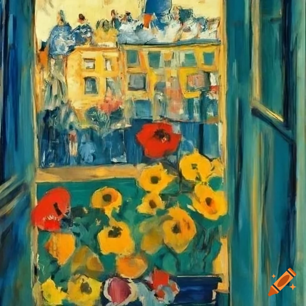 artistic view of a window with flowers and busy street in the background