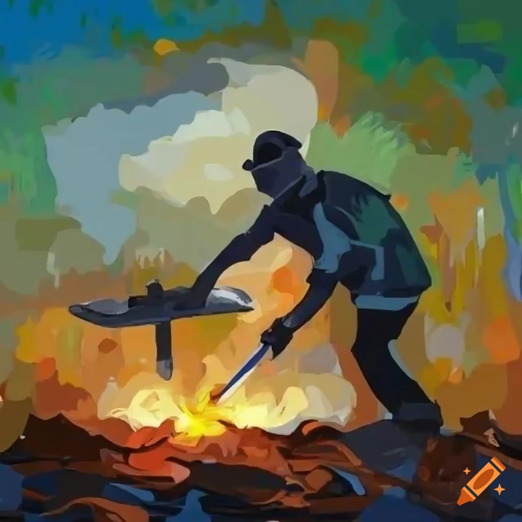 Black and white drawing of someone throwing wood chips with a shovel on