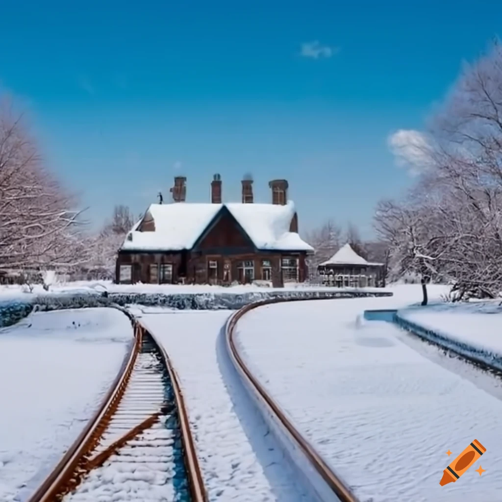 sunny snow-covered train station