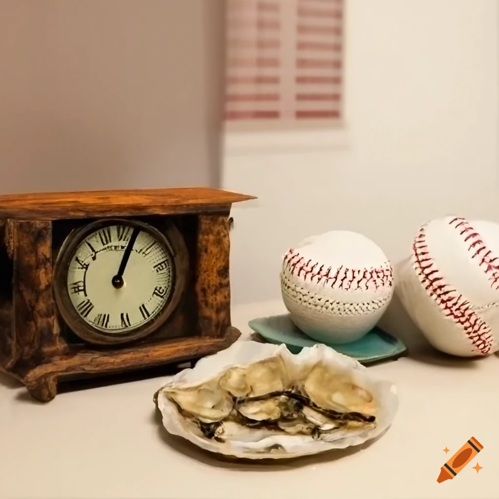 Baseball, kitchen clock, and oyster arrangement on Craiyon