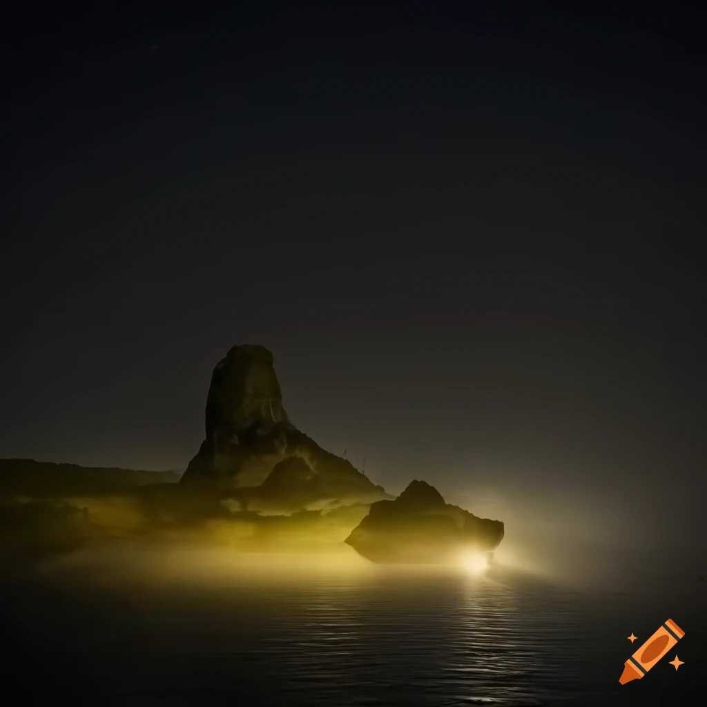 Surreal building on a misty island in the ocean at night on Craiyon