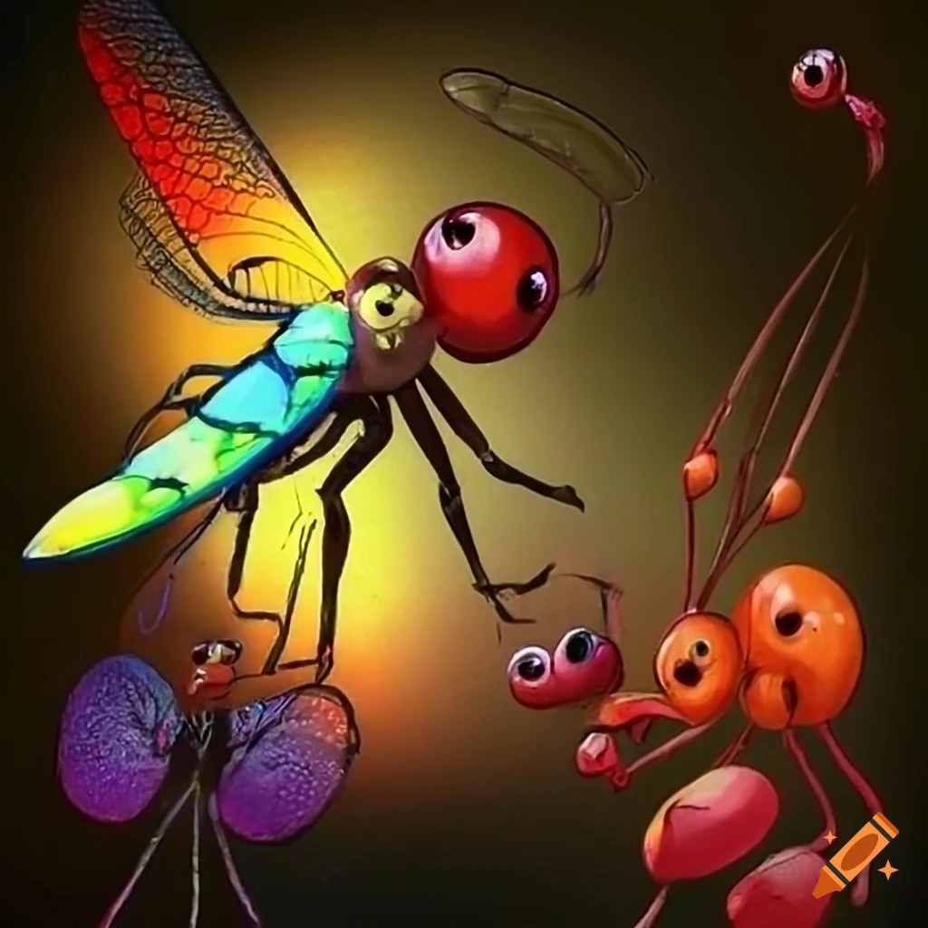 close-up of a dragonfly and an ant